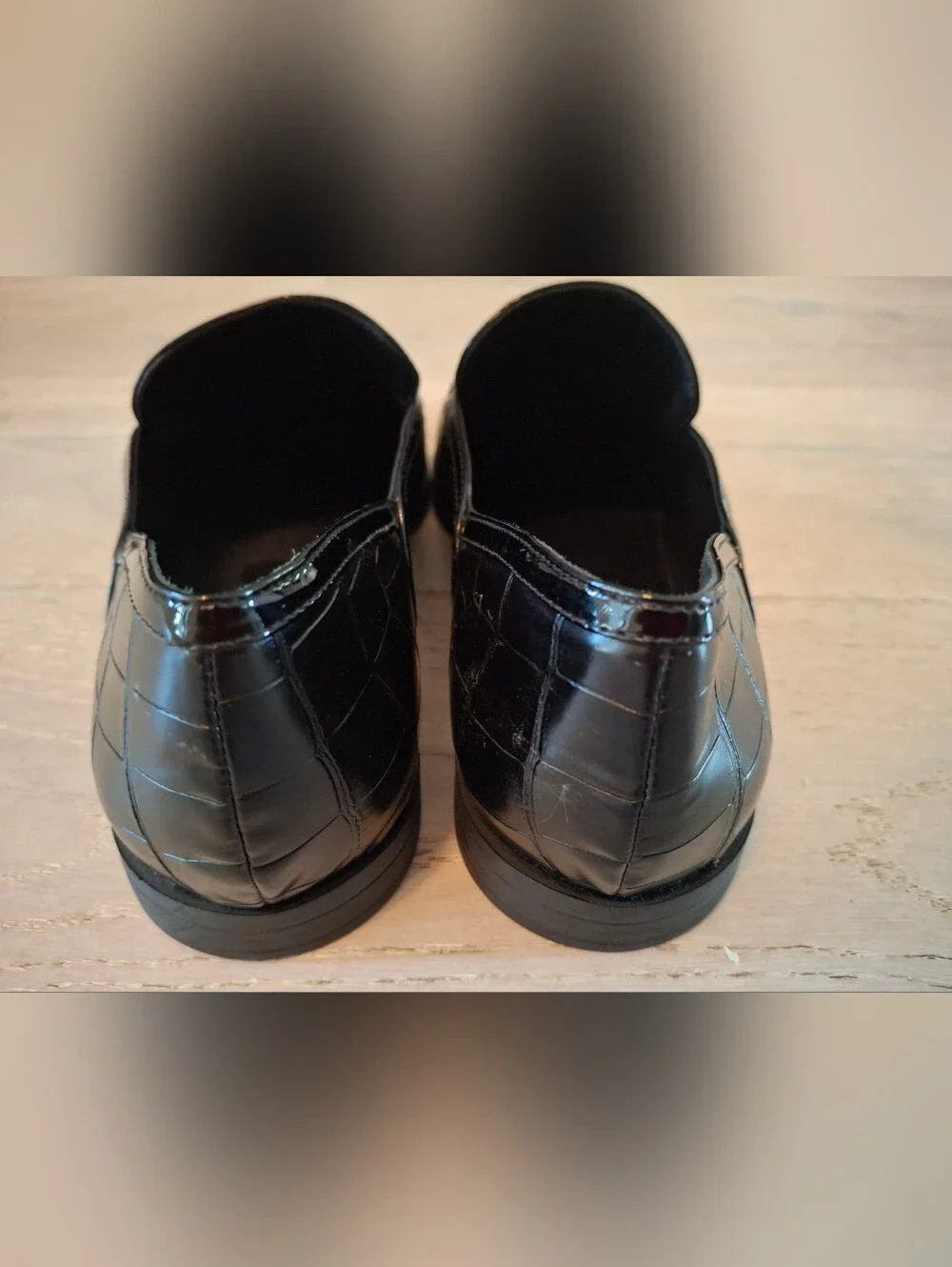 SCHUTZ Black Croc-Embossed Leather Penny Loafers